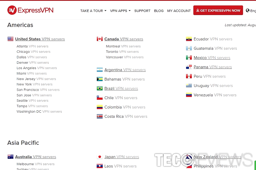 The list of offered ExpressVPN servers